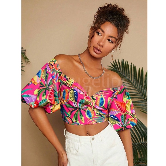 Off the Shoulder Floral Puff Sleeve Shirred Sweetheart Neck Crop Top Multicolor - Picture 2 of 7